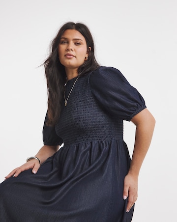 Indigo Denim Soleil Shirred Short Sleeve Midaxi Dress