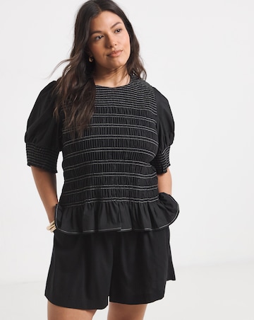 Black Smocked Poplin Blouse