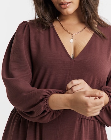 Burgundy Cinched Waist Midi Dress With Pockets
