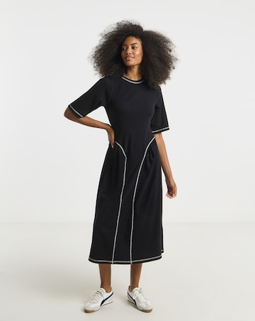 Black Contrast Seam Waist Detail Midi Dress