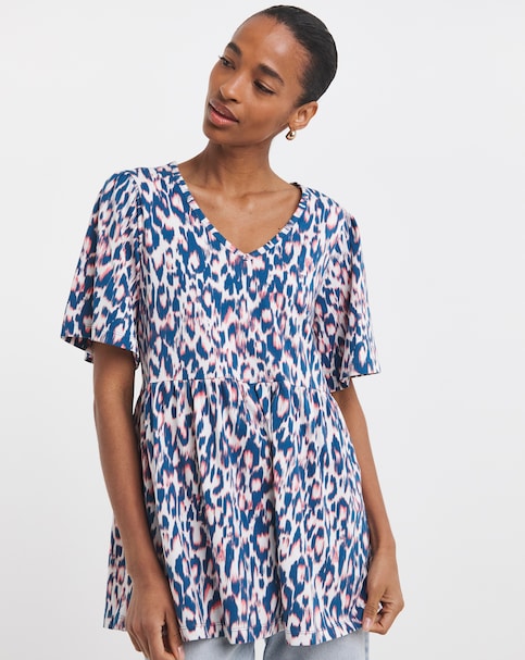 Pure Cotton V Neck SS Peplum Hem Longline Top