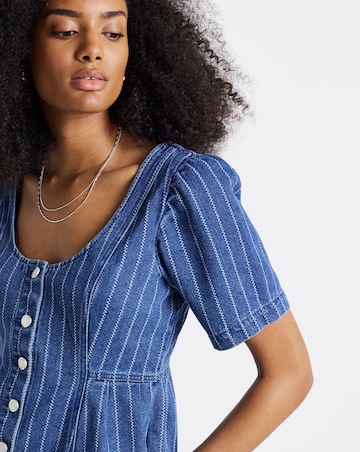 Dark Blue Jacquard Stripe Denim Peplum Top Co Ord