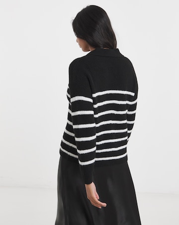 Cosy Yarn Black & Ivory Stripe V-Neck Collared Jumper