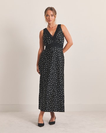 Spot Print Lace Trim Midaxi Satin Slip Dress