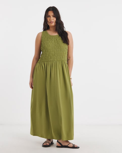 Shirred Cotton Jersey Midi Dress