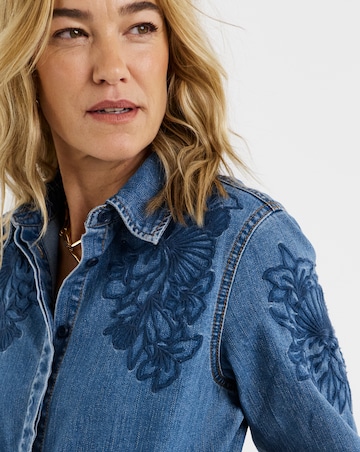 Blue Embroidered Denim Midi Dress