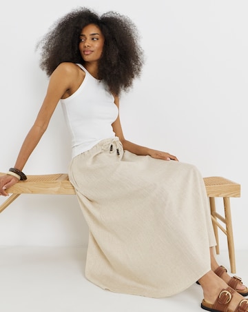 Tie Waist Bead Detail Linen Mix Midaxi Skirt