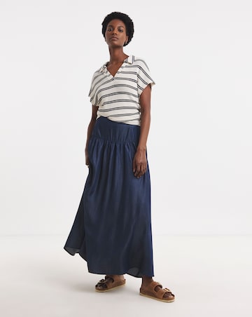 Dark Blue Pull On Tiered Lyocell Denim Maxi Skirt