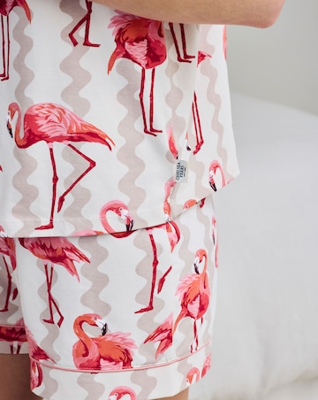 Chelsea Peers Organic Cotton Button Up Pyjama Short Set Flamingo Stripe Print