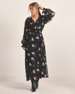 Black Print Georgette Frill Wrap Dress