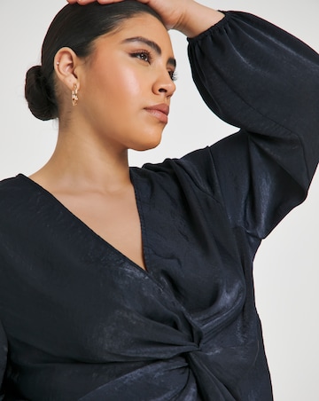 Simply Be Navy Knot Front Velvet Satin Long Sleeve Blouse