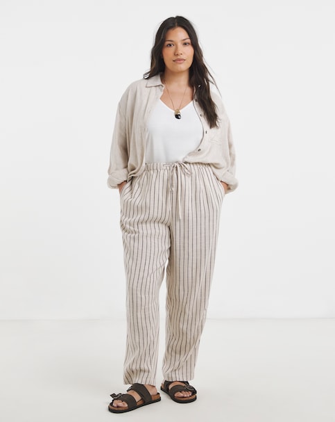 Simply Be Natural & Chocolate Stripe Linen Barrel Leg Trouser