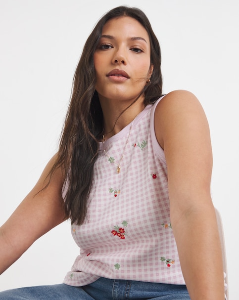 Simply Be Pink Ditsy High Neck Embroidered Gingham Tank