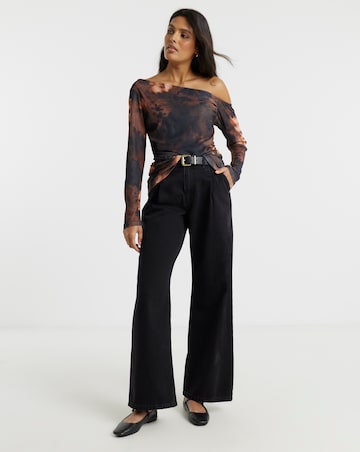 Brown Floral Print Asymmetric Shoulder Mesh Top