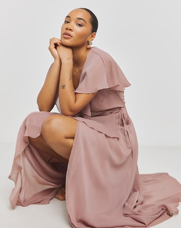 Pink Frill Chiffon Wrap Maxi Dress