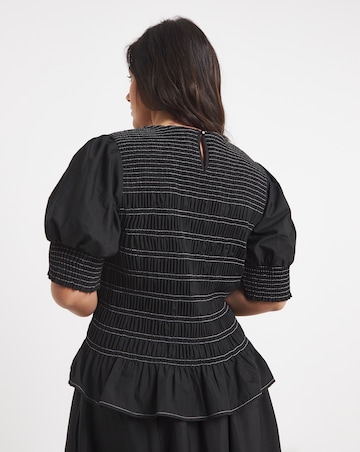Black Smocked Poplin Blouse