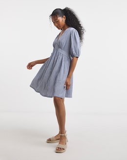 Blue Stripe Waffle Waist Detail Skater Dress