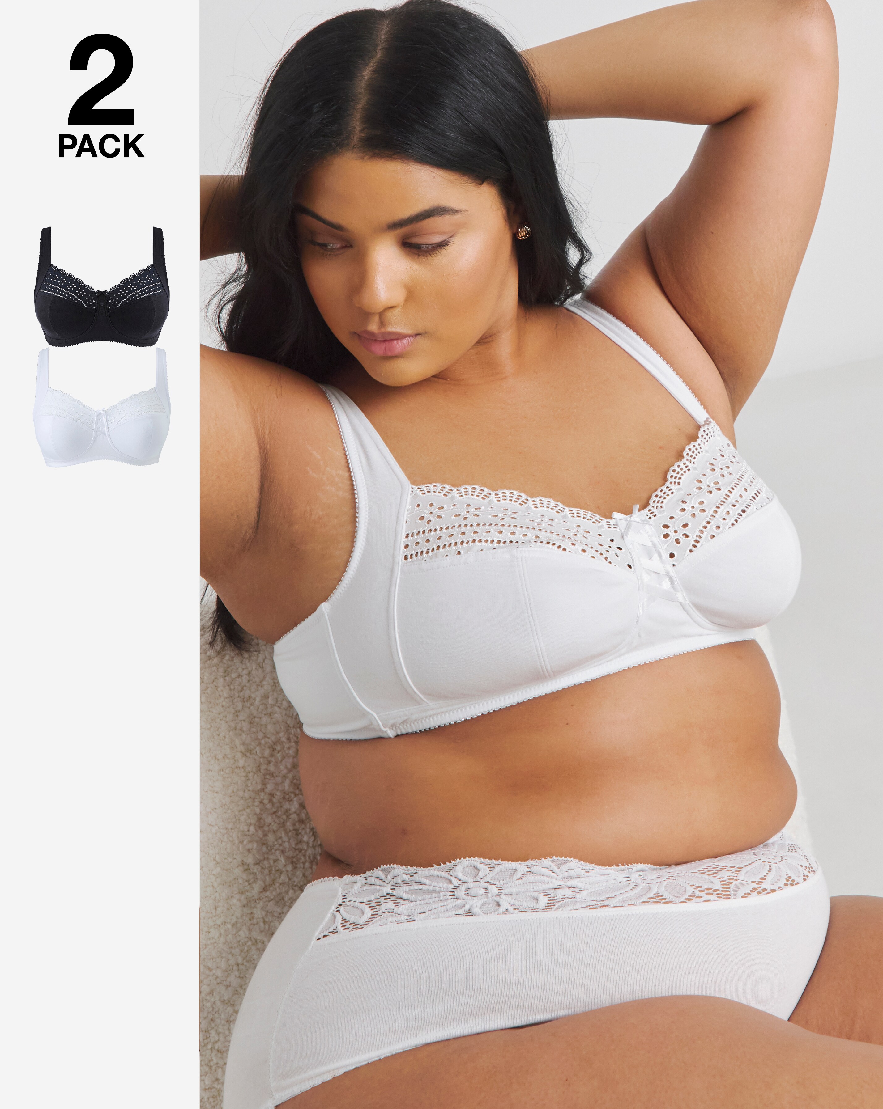 Pretty Secrets (2 Pack) Jane Non Wired Bras (C-F) White/Black