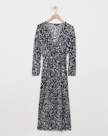 Mono Print Plisse Wrap Front Midi Dress