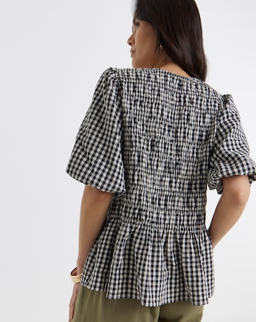 Shirred Gingham V Neck Peplum Blousey