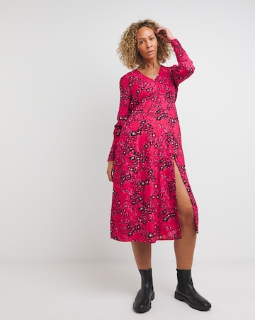 Pink Print V-Neck Deep Cuff Split Midi Dress