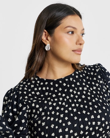 Mono Print Long Sleeve Shirred Top