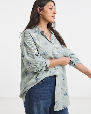 Stripe Linen Mix Gathered Sleeve Boxy Shirt