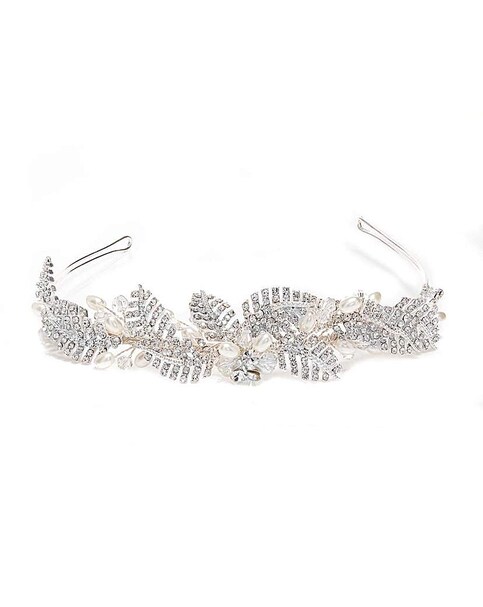 Silver Crystal Leaf And Pearl Leah Tiara