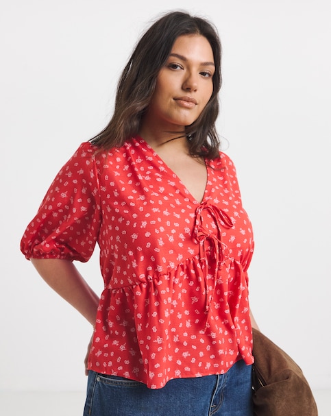 Red Print Puff Sleeve Tea Blouse