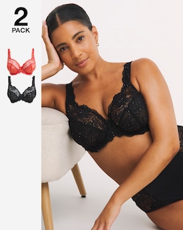 Pretty Secrets (2 Pack) Ella Lace Full Cup Wired Bras (B-J) Black Sparkle/Red
