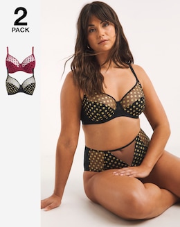Pretty Secrets (2 Pack) Hannah Spot Mesh Full Cup Bras (B-G) Black/Wine