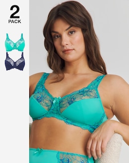 Pretty Secrets (2 Pack) Ella Lace Non Wired Full Cup Bras (C-F) Aqua/Blue