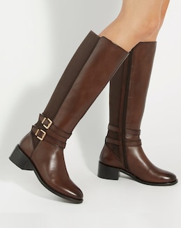 Dune Tatter Brown Leather Stretch-Back Knee-High Boots Standard Fit