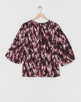 Womens Crew Neck Blouson Sleeve Blouse - Abstract