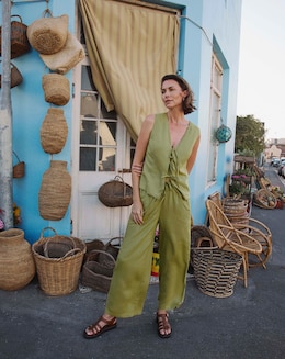 Green Linen Mix Wide Leg Trouser