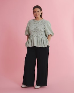 Gingham Shirred Seersucker Blouse
