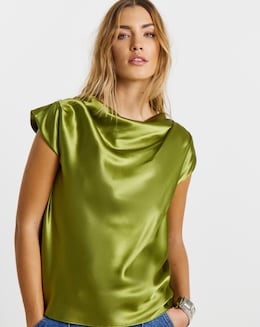 Olive Satin Draped Sleeveless Blouse