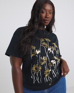 Black Floral Foil Print Graphic T-Shirt