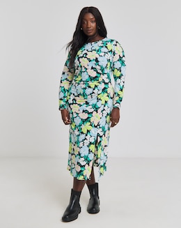 Floral Print Ruched Front Midi Dress