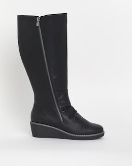 Cushion Walk Wedged Crepe Sole Knee High Boot EEE Fit Curvy Calf