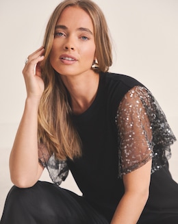 Silver Sequin Angel Sleeve Slim Fit T-Shirt
