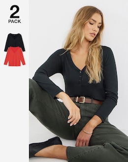 Black &amp; Red 2 Pack Soft Touch Henley Tops