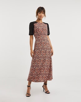 Lace Sleeve and Yoke Midi Tea Dress