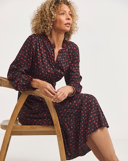 Spot Print Balloon Sleeve Midi Smock Dress