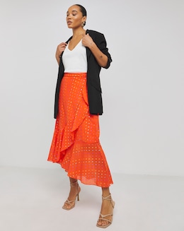 Orange Rainbow Foil Spot Print Tie Waist Frill Midi Skirt