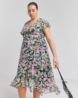 Floral Print Ruffle Front Wrap Midi Dress