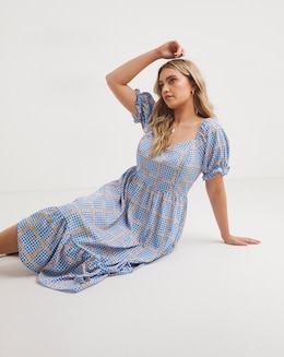 Gingham Print Sweetheart Neck Midi Dress
