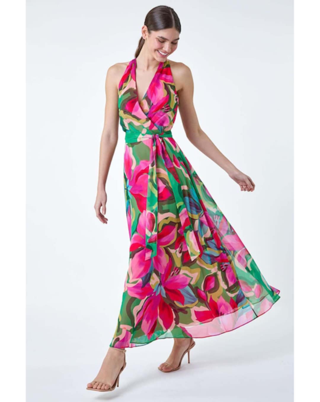 brown maxi dress with neck scarf Armelia Brown Cowl-Neck Maxi Dress With Scarf-Detail – Club L London