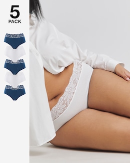 Pretty Secrets (5 Pack) Lace Top Full Brief Knickers Navy/White