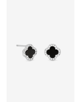 Simply Silver Sterling Silver 925 Pave and Jet Clover Stud Earrings